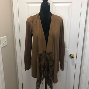 INC brown suede like fringed king sleeve sweater jacket, size medium